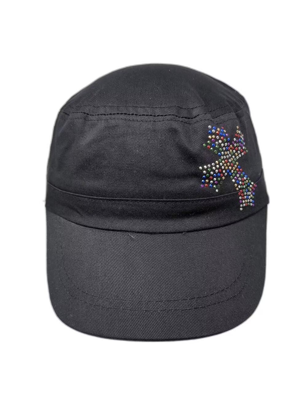 ABG Accessories Black Army Cap Hat One Size OS Multi-colored Rhinestone Cross